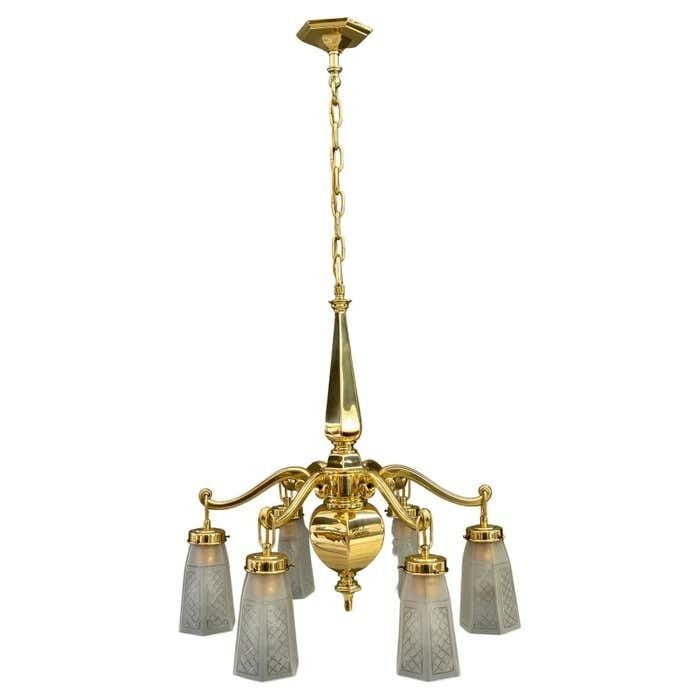 Art Deco Chandelier With Original Glass Shades Vienna Around 1920s