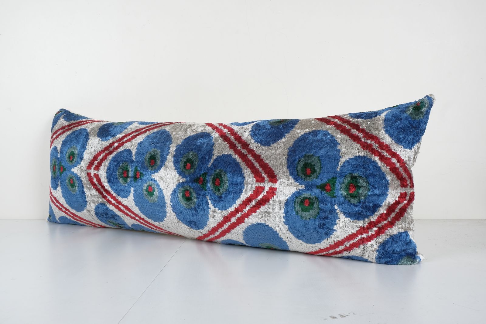 Silk Ikat Eye Velvet Pillow Cover   Triple Handloom Beige And Blue Velvet Lumbar Pillow Cover   Uzbek Cushion Cover 1 photo vintage