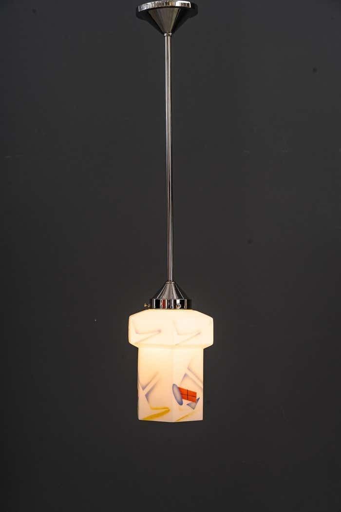 Art Deco Nickel, Plated Pendant With Original Glass Shade Around 1920s photo buy