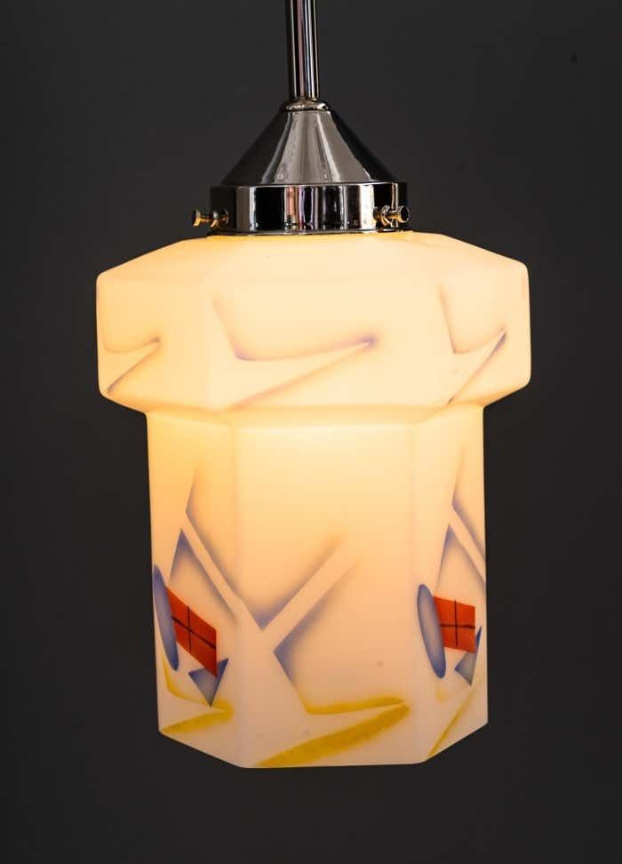 photo furniture Art Deco Nickel, Plated Pendant With Original Glass Shade Around 1920s