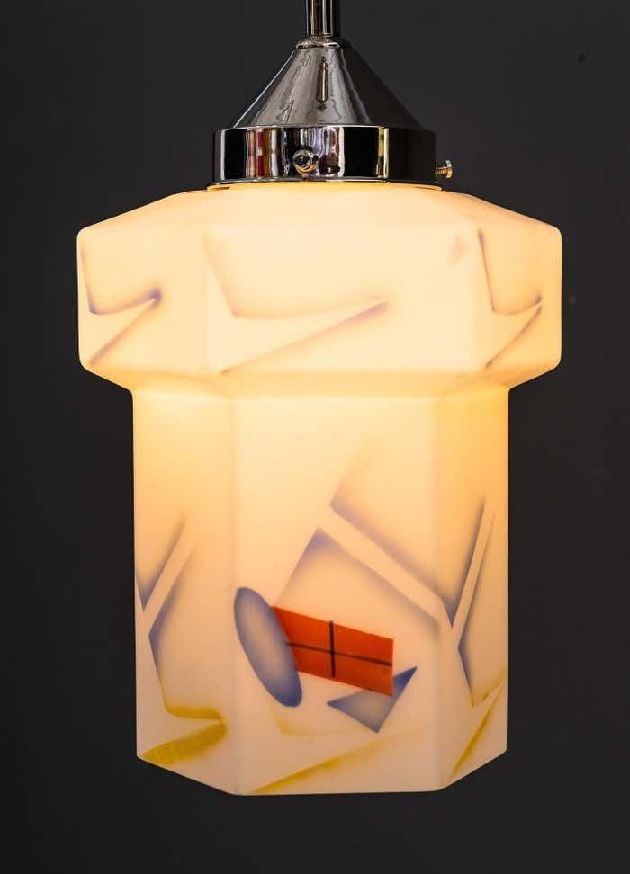 photo for sale Art Deco Nickel, Plated Pendant With Original Glass Shade Around 1920s