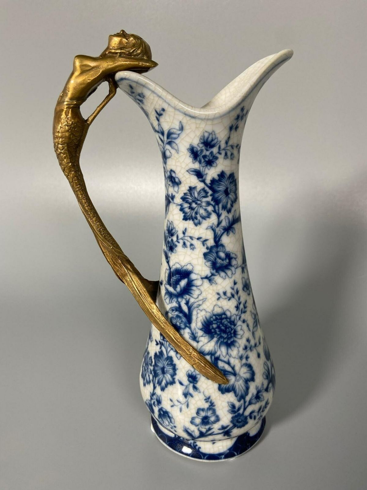 Porcelain Wine Jug With Bronze Handle, Ewer With Mermaid, Floral Ornaments, Art Nouveau Style, Blue And White, Home Decor, Gift Idea photo furniture