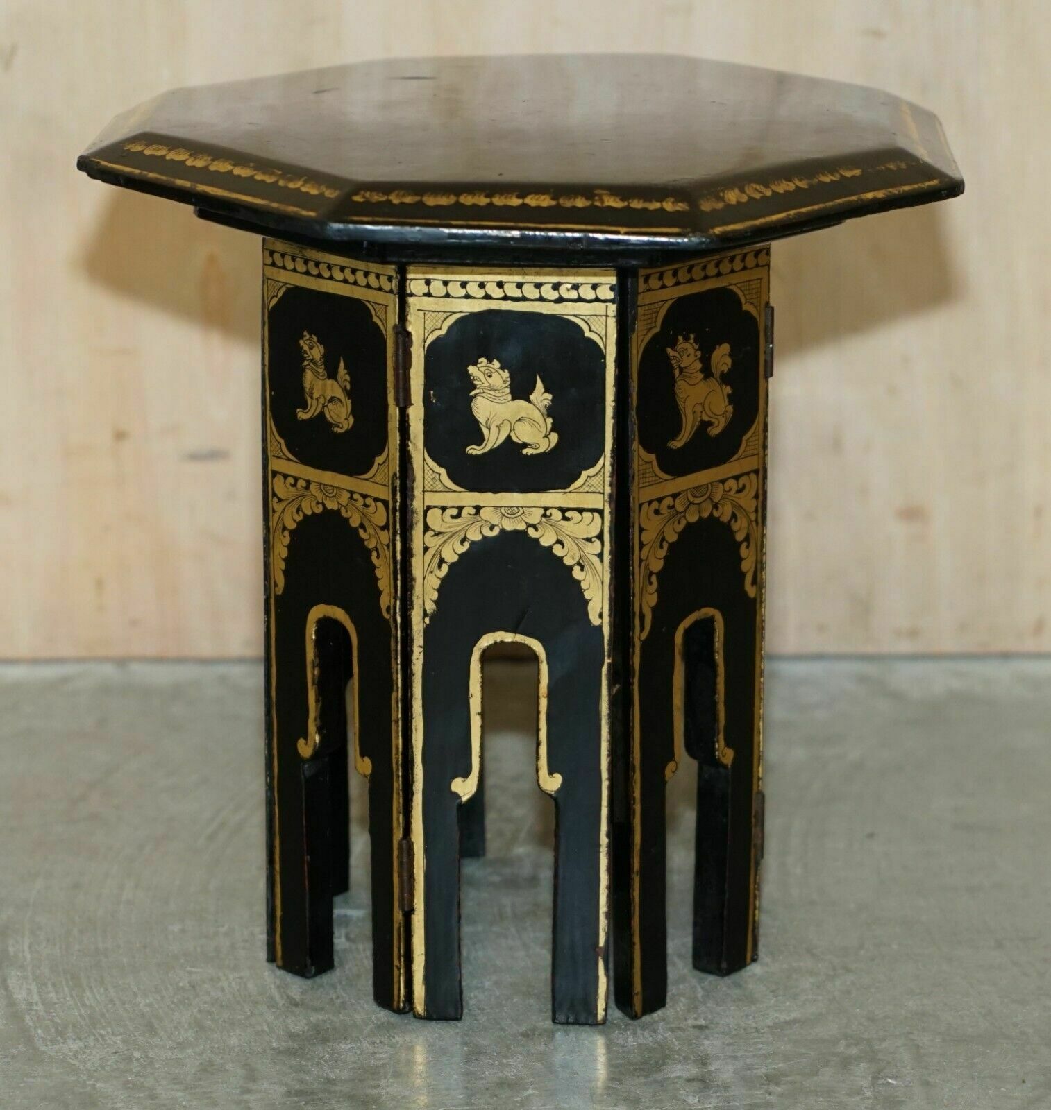 Antique Victorian Circa 1900 Chinese Chinoiserie Lacquered Folding Side Table photo for sale