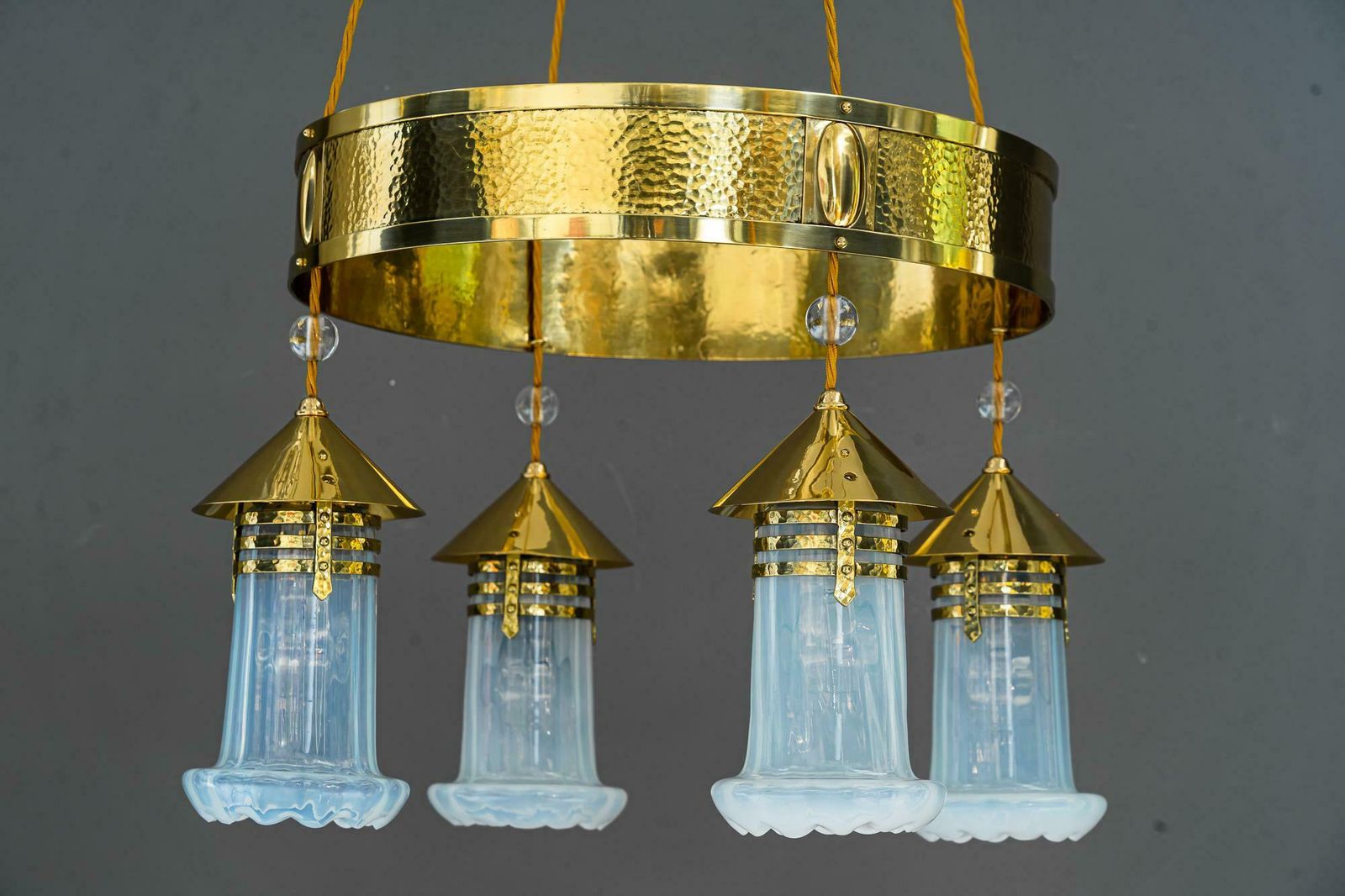 Hammered Art Deco Chandelier With Opaline Glass Shades, Vienna, Around 1920 photo furniture