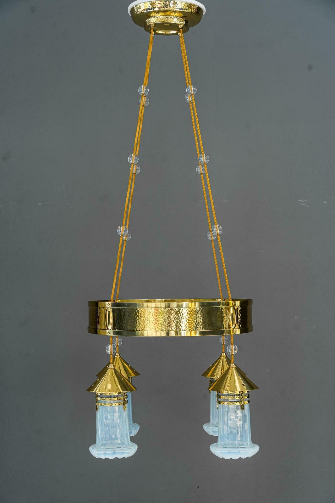 Hammered Art Deco Chandelier With Opaline Glass Shades, Vienna, Around 1920 photo Lighting