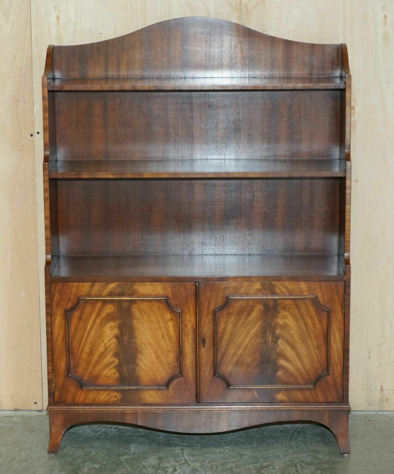 Stunning Pair Of Flamed Mahogany Dwarf Waterfall Open Library Bookcases Cupboard photo for sale