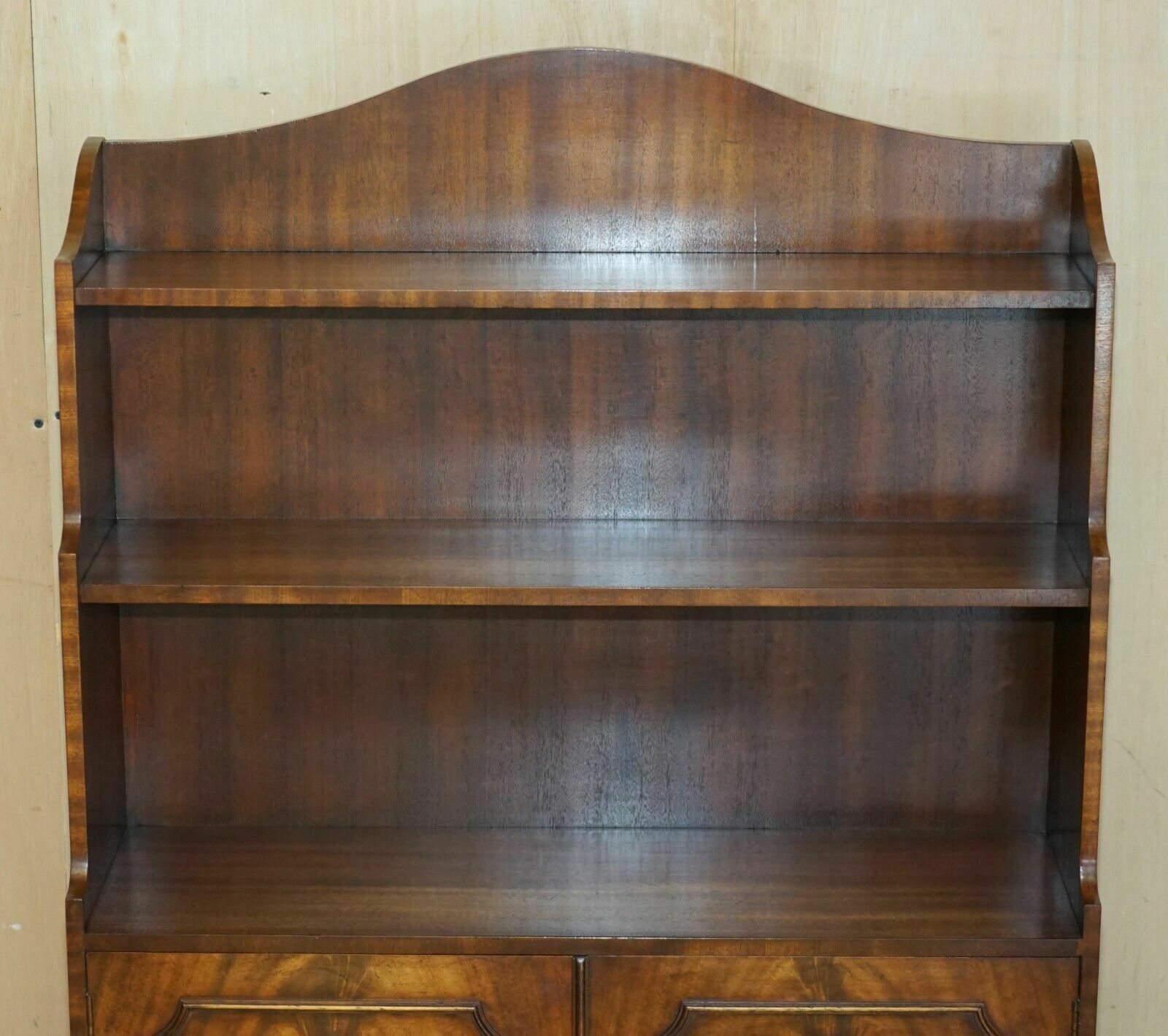 Stunning Pair Of Flamed Mahogany Dwarf Waterfall Open Library Bookcases Cupboard photo Furniture