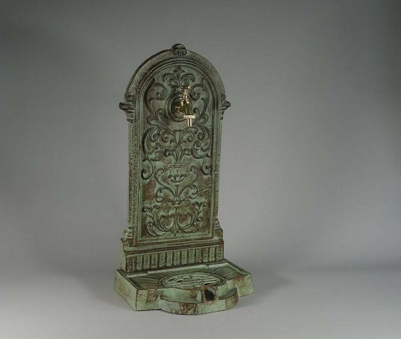 Antique Style Green Cast Iron Wall Fountain , Sink With Brass Faucet Tap, Fountain Metal Wall Sink, Patio & Wall Ornament Garden
