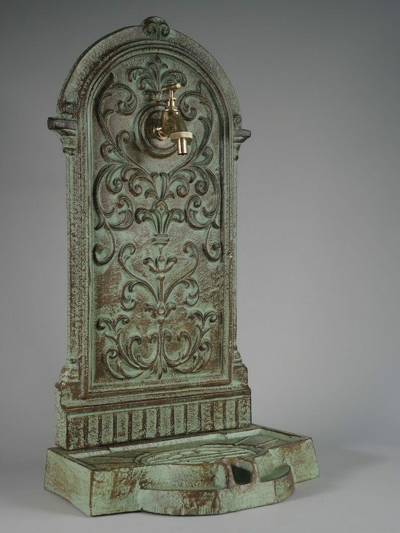 photo furniture Antique Style Green Cast Iron Wall Fountain , Sink With Brass Faucet Tap, Fountain Metal Wall Sink, Patio & Wall Ornament Garden