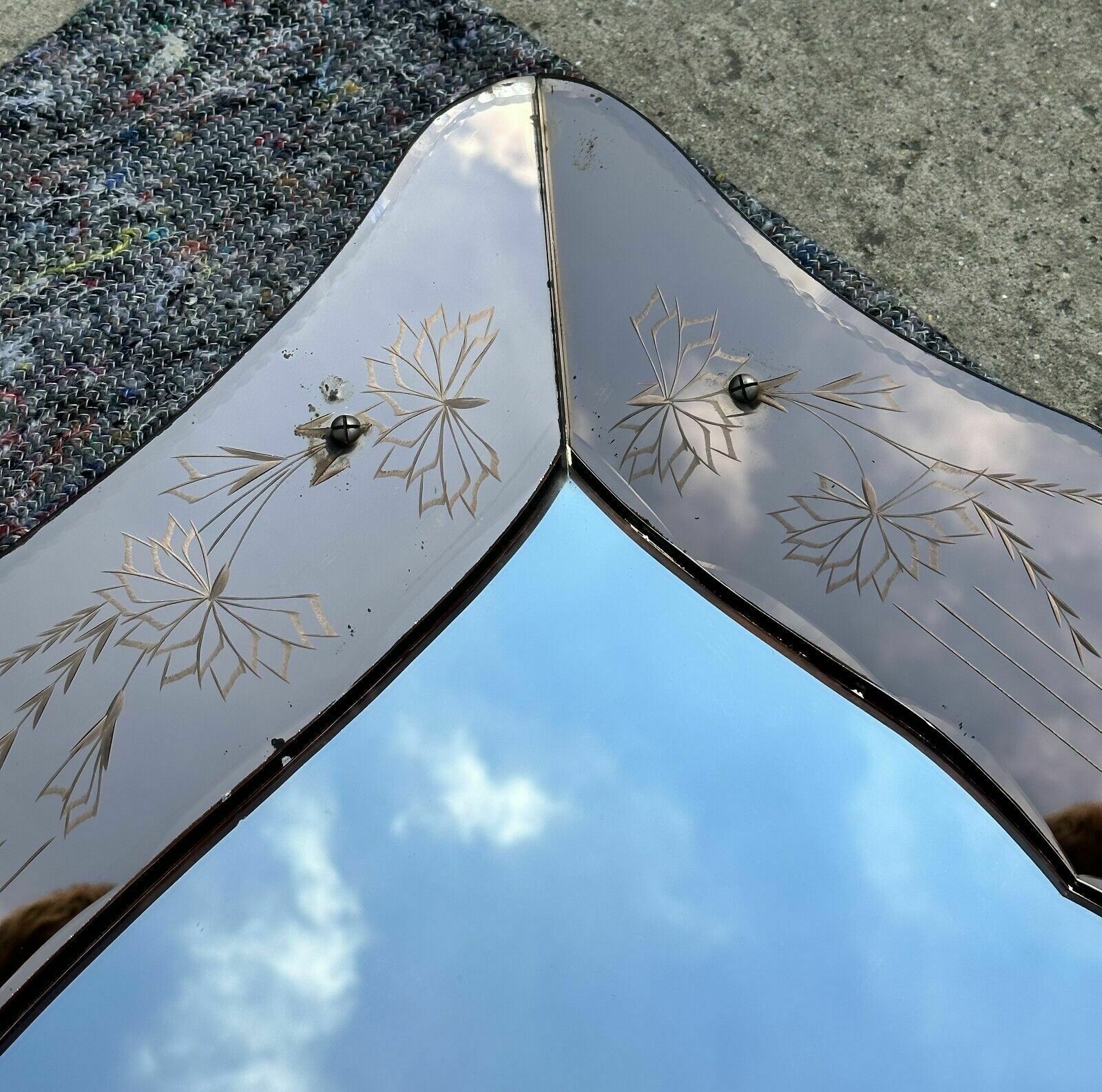 Lovely Antique 1930's Art Deco Peach Glass Bevelled Venetian Flower Petal Mirror photo for sale
