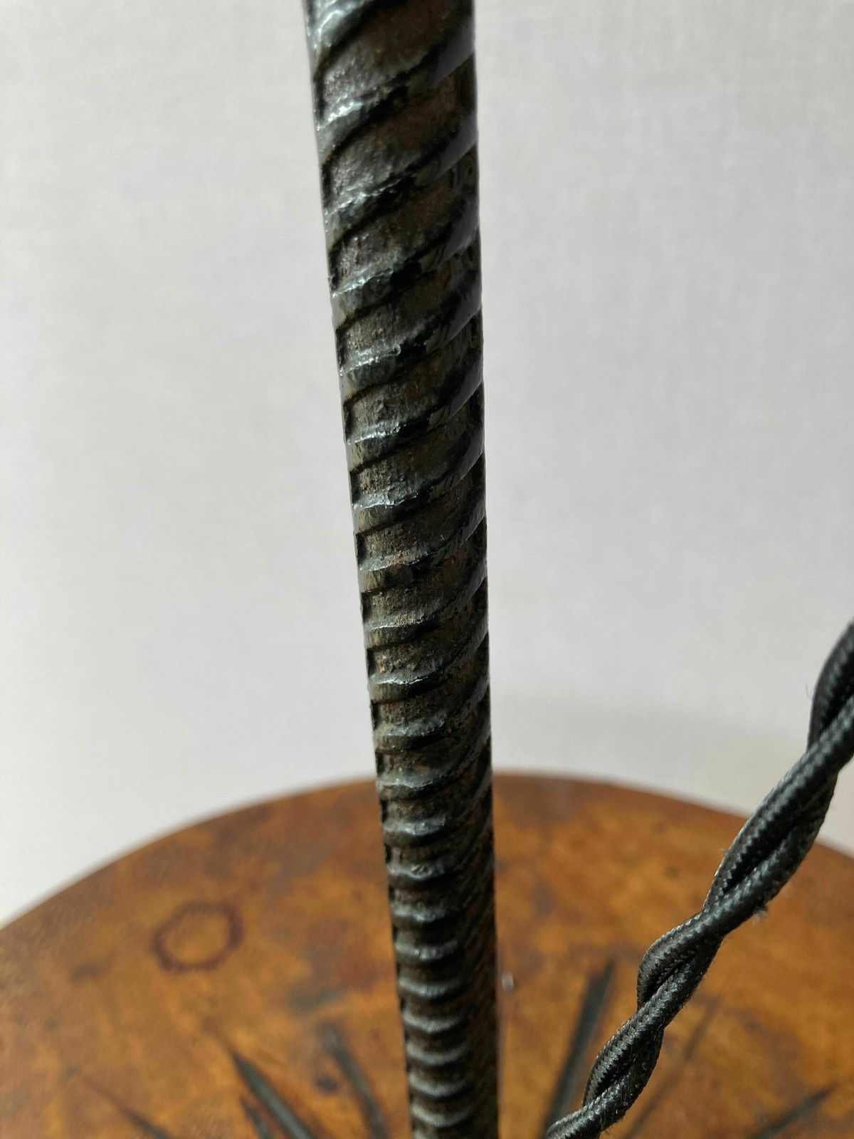 Wrought Iron Floor Lamp With Magazine Holder And Sisal Shade, 1950s photo vintage