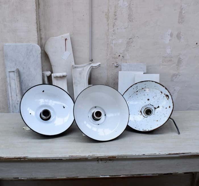 photo for sale A Set Of Industrial Black Enamel Hanging Lamps Circa 1940s