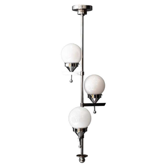 Art Deco Chromed Chandelier With Opal Glass Shades Around 1920s