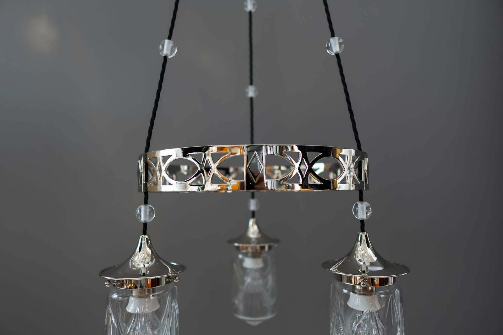 Nickel Plated Art Deco Chandelier With Original Cut Glasses, Circa 1920s photo vinterior