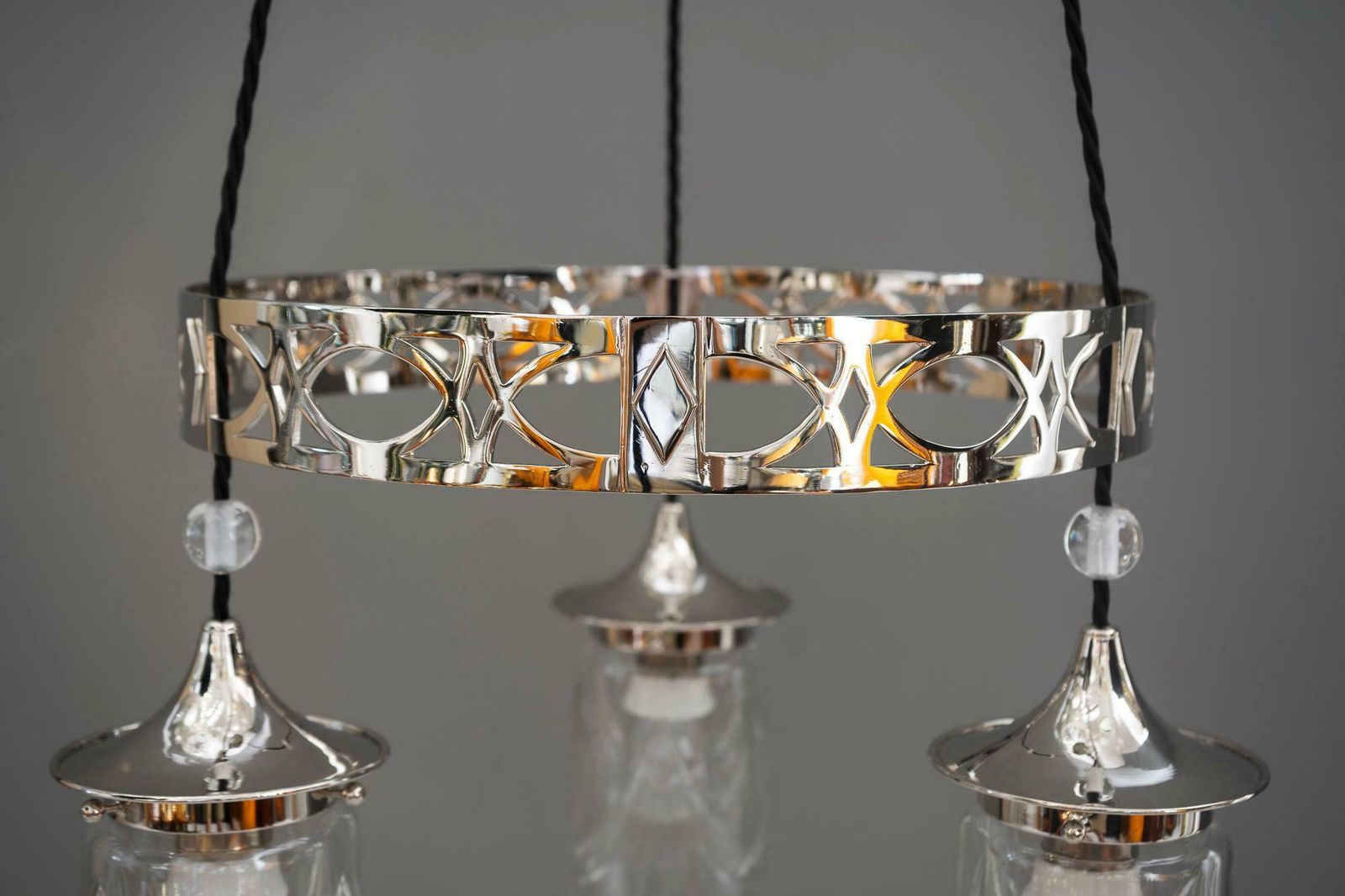 photo furniture Nickel Plated Art Deco Chandelier With Original Cut Glasses, Circa 1920s