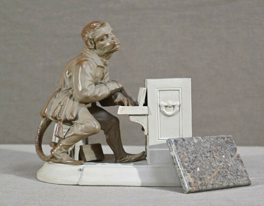 Biscuit And Sandstone Tobacco Jar Music Monkey Manufacture Sarreguemines  Late 19th Century photo Home Decor