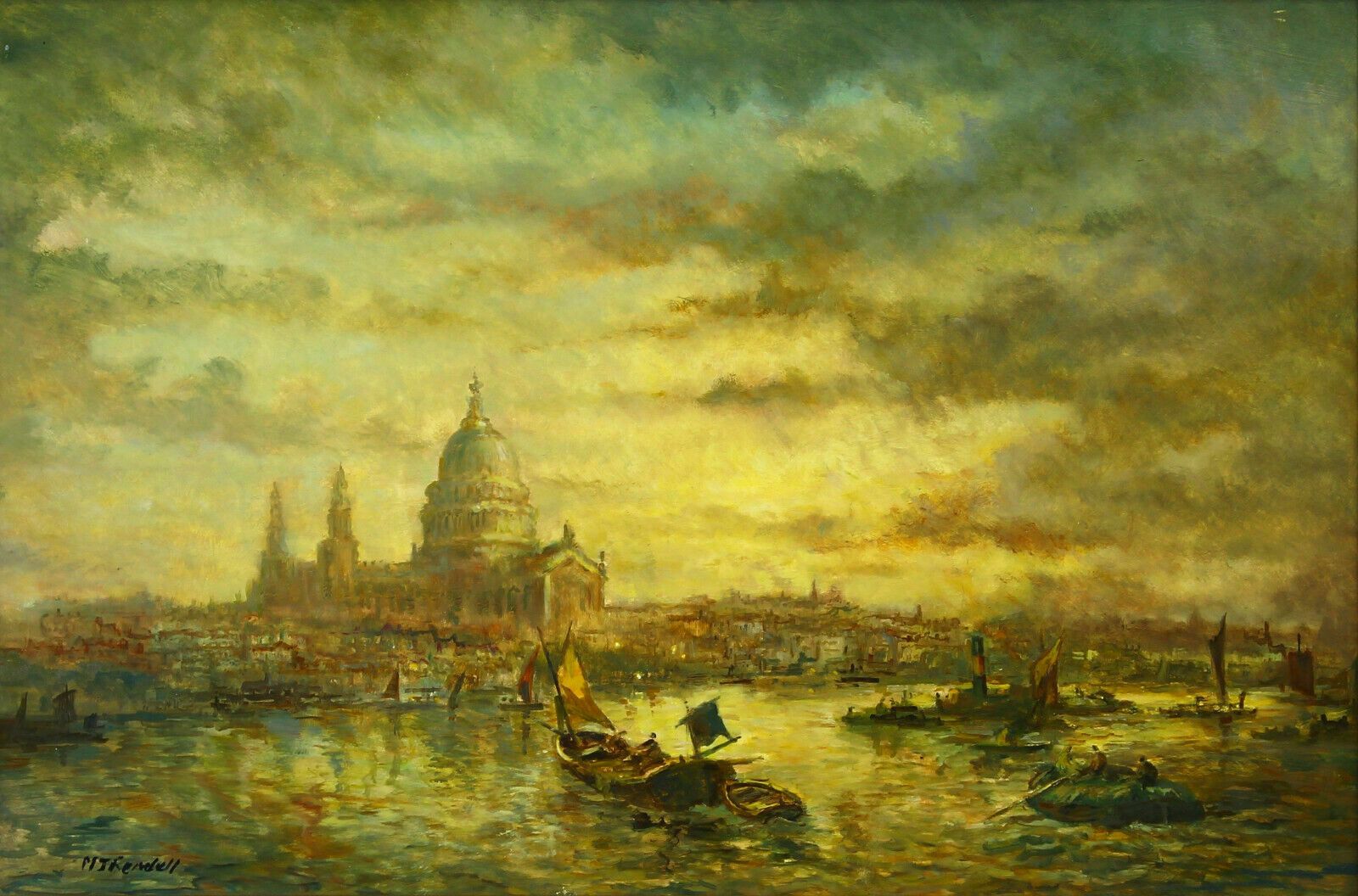 Oil On Board By Morgan John Rendell. View Of St Paul's Cathedral From Thames photo furniture