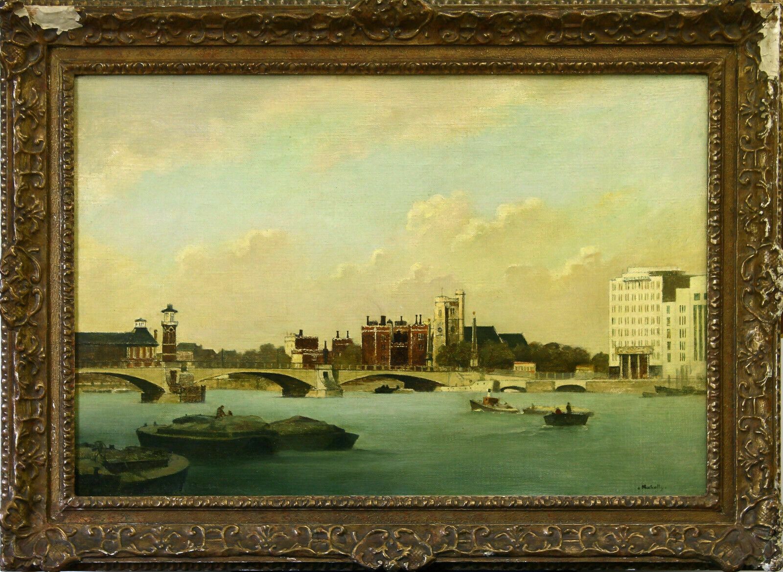 Oil On Canvas By Bertram Nicholls. Titled "View Of The Thames"