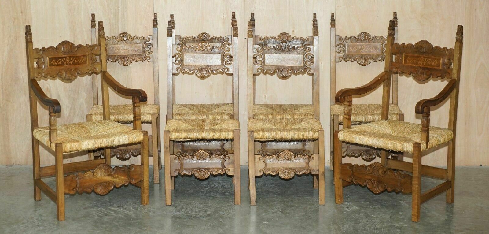 Eight Fine Walnut Circa 1900 Ornately Hand Carved Dutch Rush Seat Dining Chairs