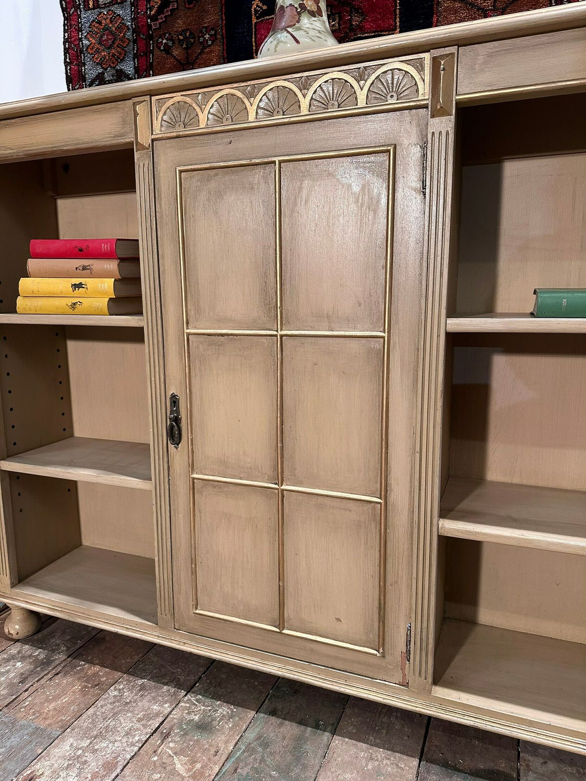 1950's Bookshelf W/ Central Cupboard Reeding And Gilded Details photo furniture