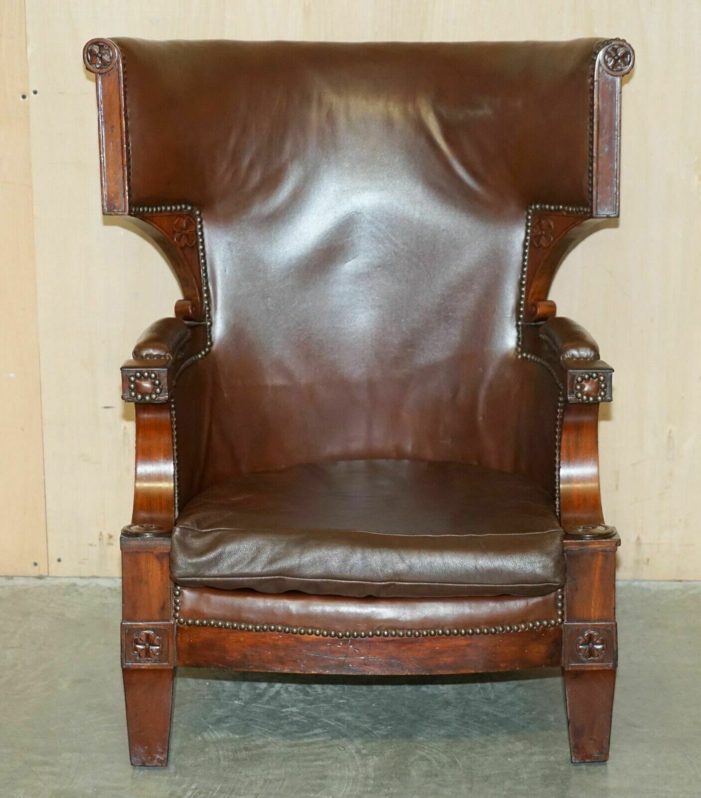 Antique Restored William IV Period Circa 1830 Wingback Brown Leather Armchair photo furniture