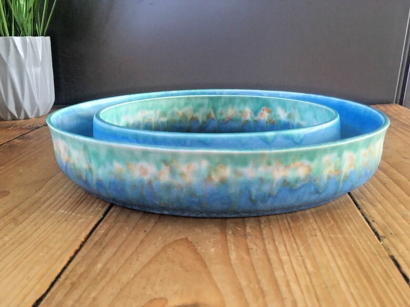 Superb Art Deco Blue Green Dripglaze Flower Posy Dish Flower Trough Ring Vase photo furniture