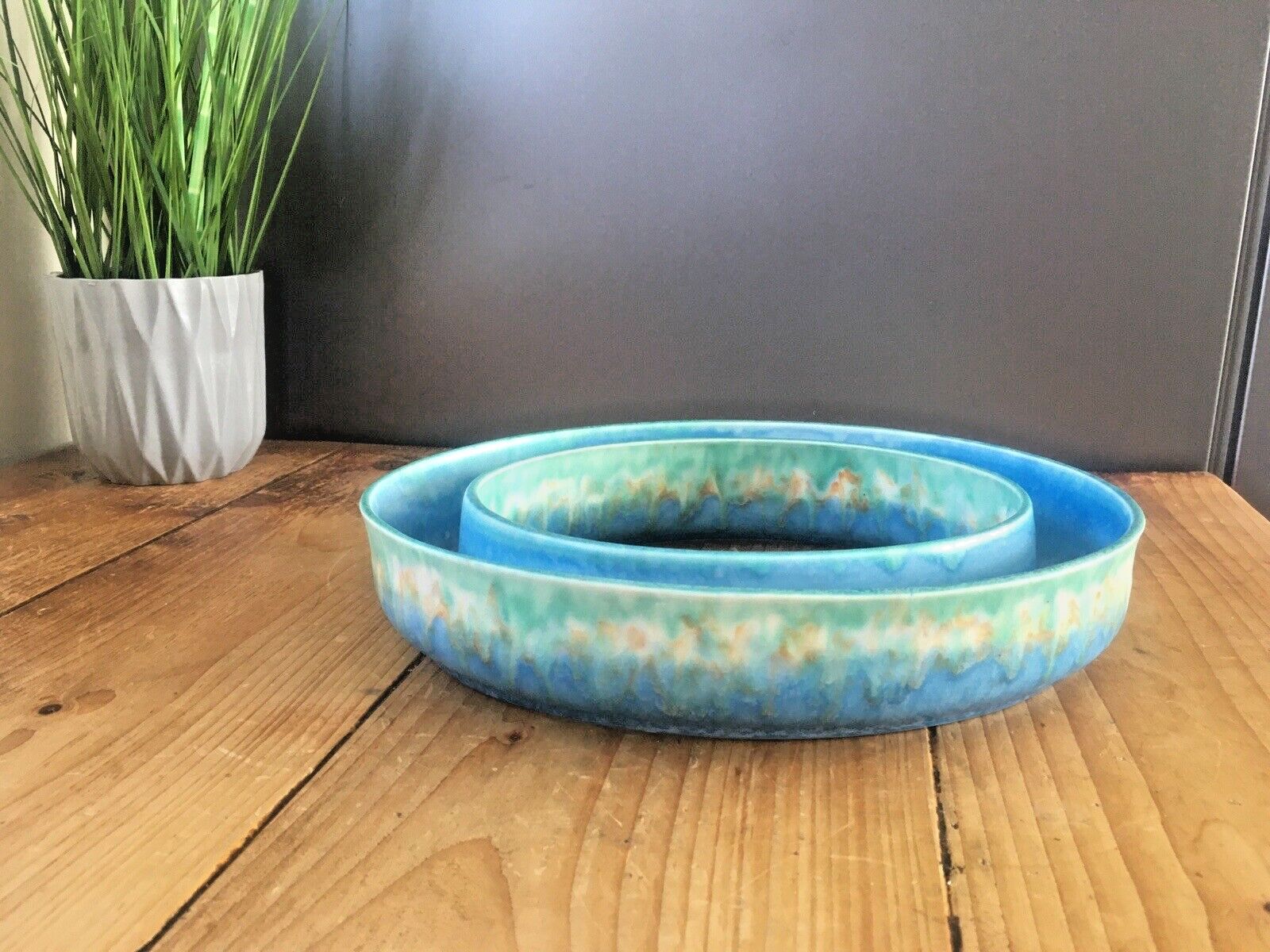 Superb Art Deco Blue Green Dripglaze Flower Posy Dish Flower Trough Ring Vase photo for sale