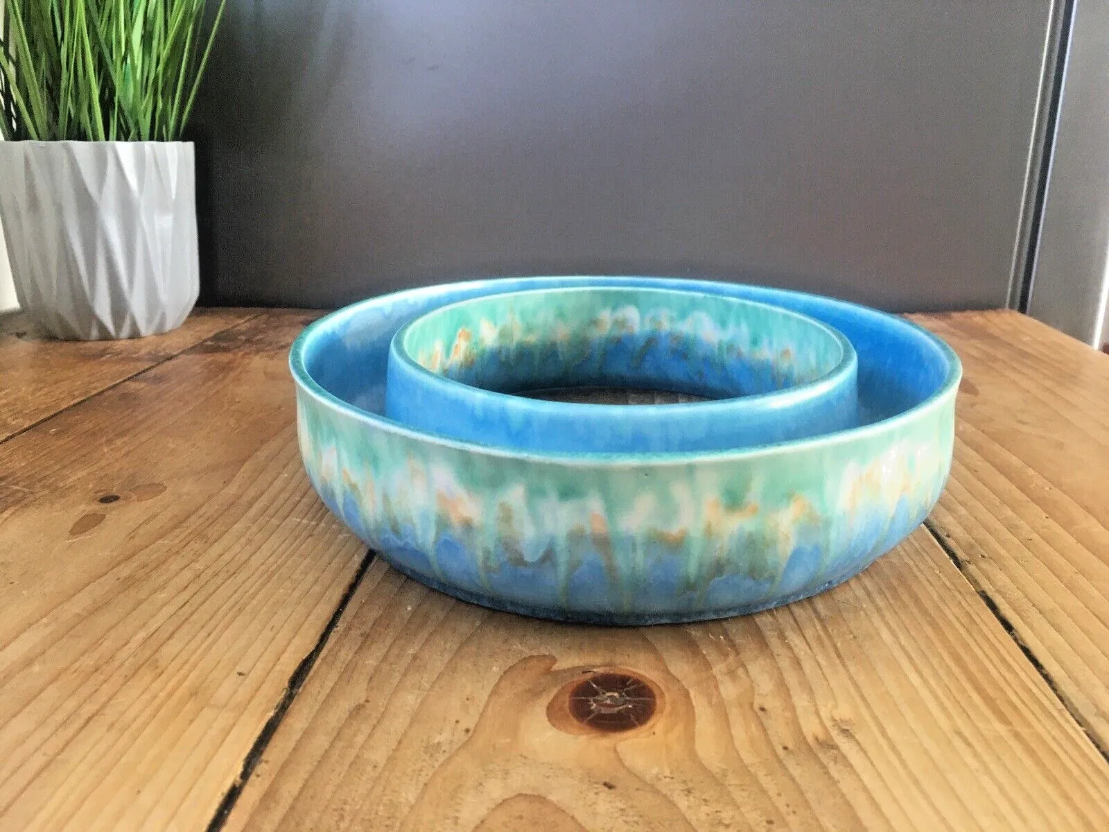 Superb Art Deco Blue Green Dripglaze Flower Posy Dish Flower Trough Ring Vase photo vinterior