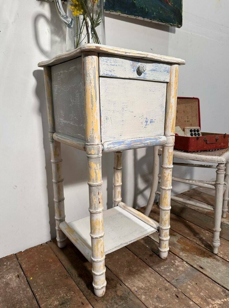 Belgian Faux Bamboo Bedside Cabinet W/ Original Paintwork C.1870 photo vinterior