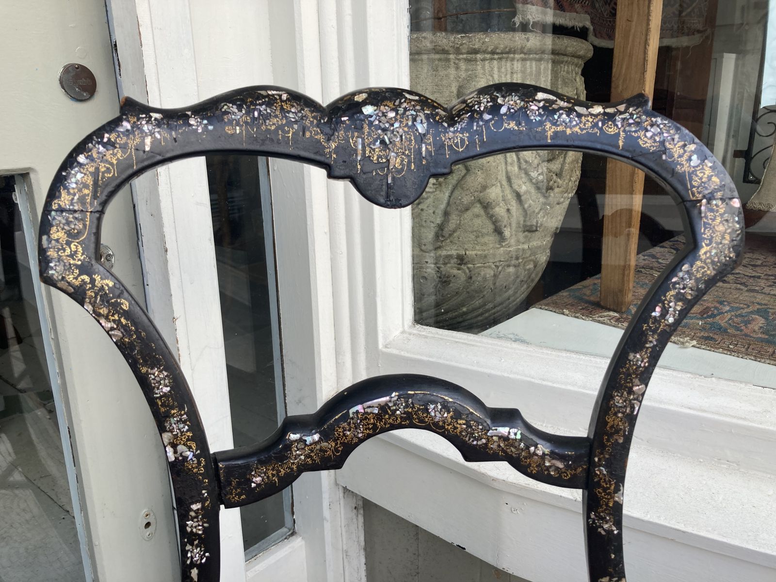 Pair Of Regency Bergere Occasional Chairs C1815 Ebonised With Gold Leaf & Mother Of Pearl Detail photo for sale