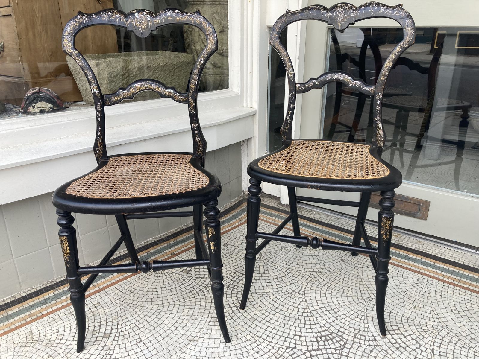 Pair Of Regency Bergere Occasional Chairs C1815 Ebonised With Gold Leaf & Mother Of Pearl Detail photo 685.0