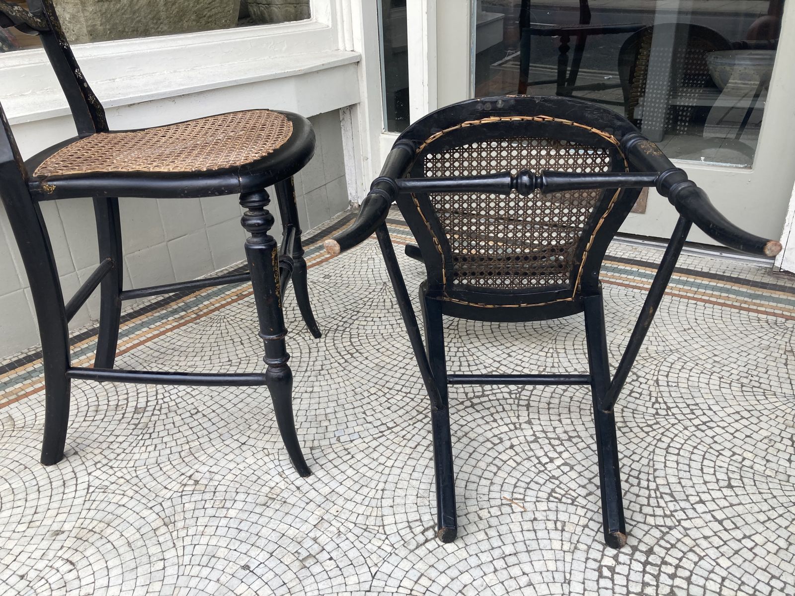 Pair Of Regency Bergere Occasional Chairs C1815 Ebonised With Gold Leaf & Mother Of Pearl Detail photo vintage