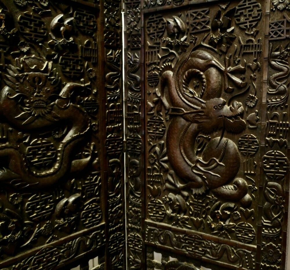 Large Heavy 19th Century Carved Chinoiserie 4 Fold Screen photo buy