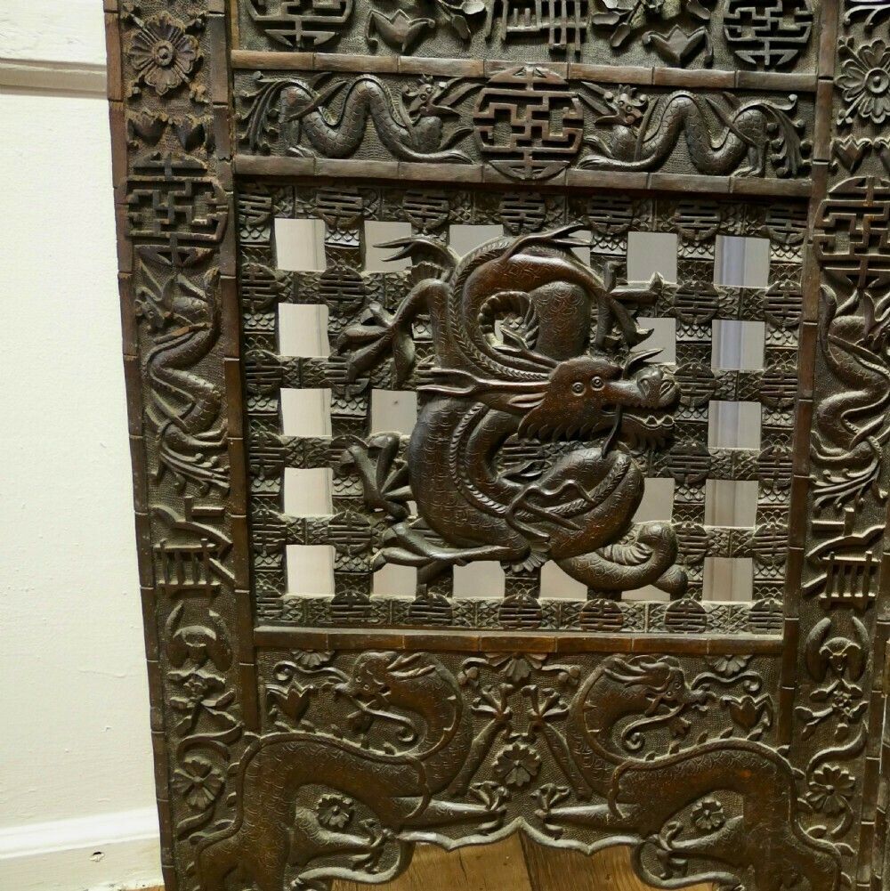 Large Heavy 19th Century Carved Chinoiserie 4 Fold Screen photo vintage