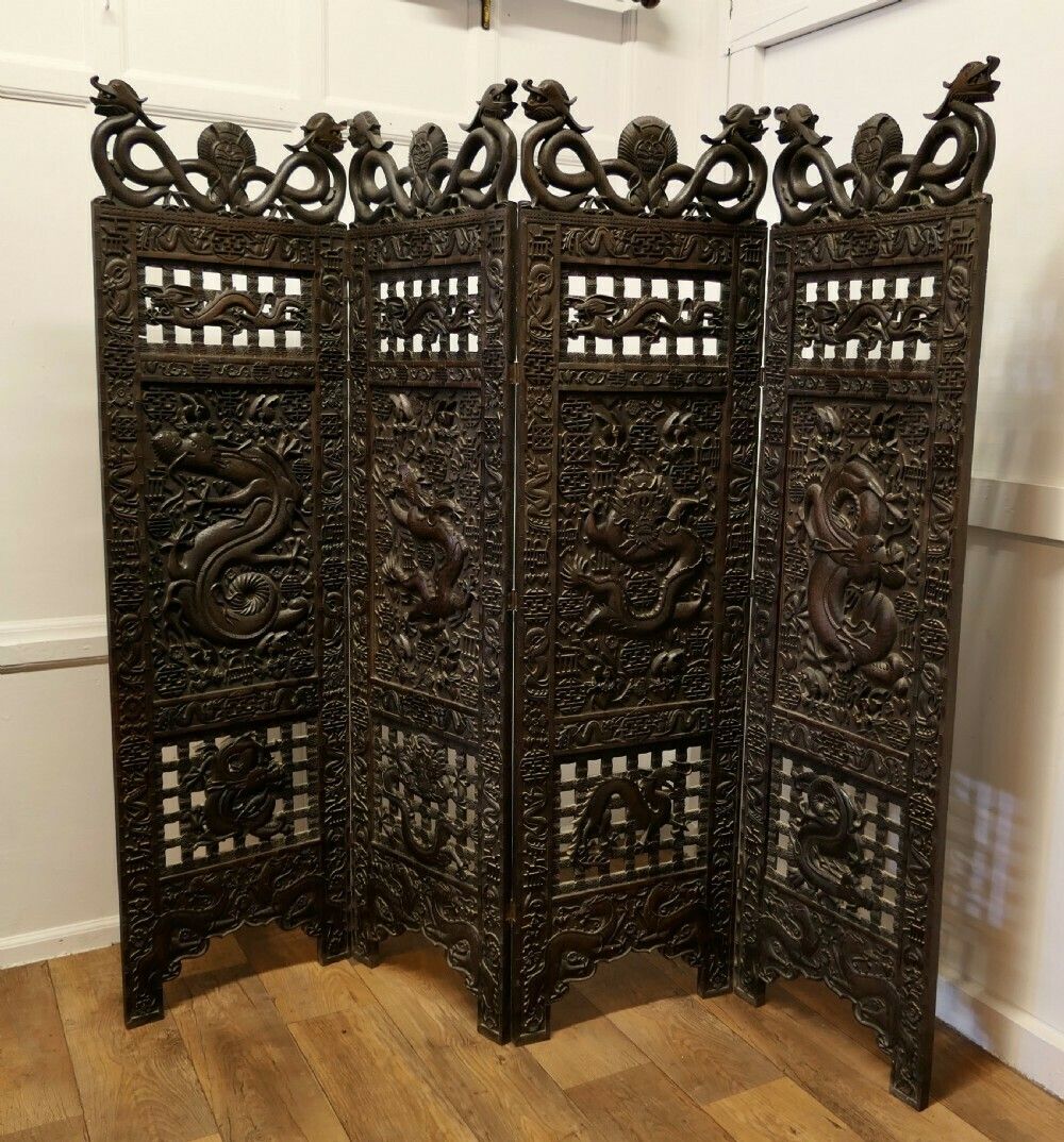 photo for sale Large Heavy 19th Century Carved Chinoiserie 4 Fold Screen