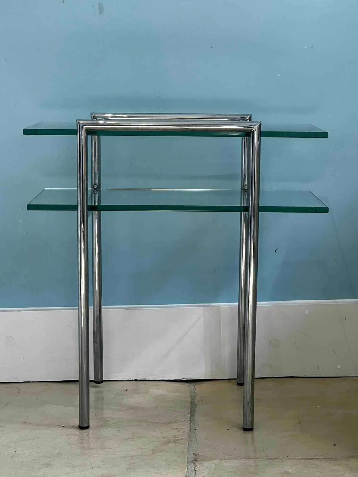 A Set Of Five Contemporary Glass And Chrome Tables. One Round Coffee Table, Four Side Tables Of Two Different Sizes. photo for sale