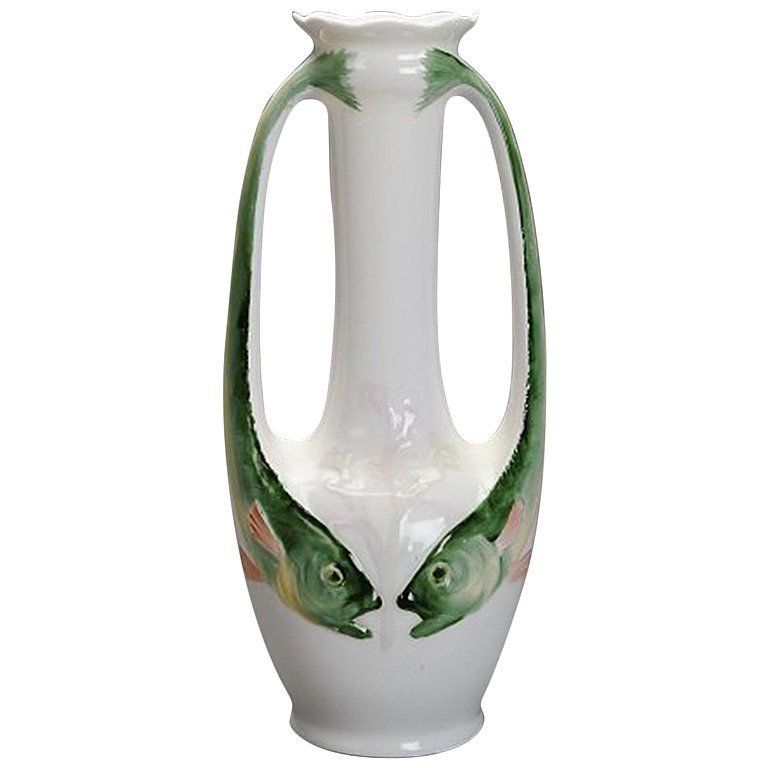 Art Nouveau Porcelain Vase Decorated With Two Handles In The Shape Of Fish