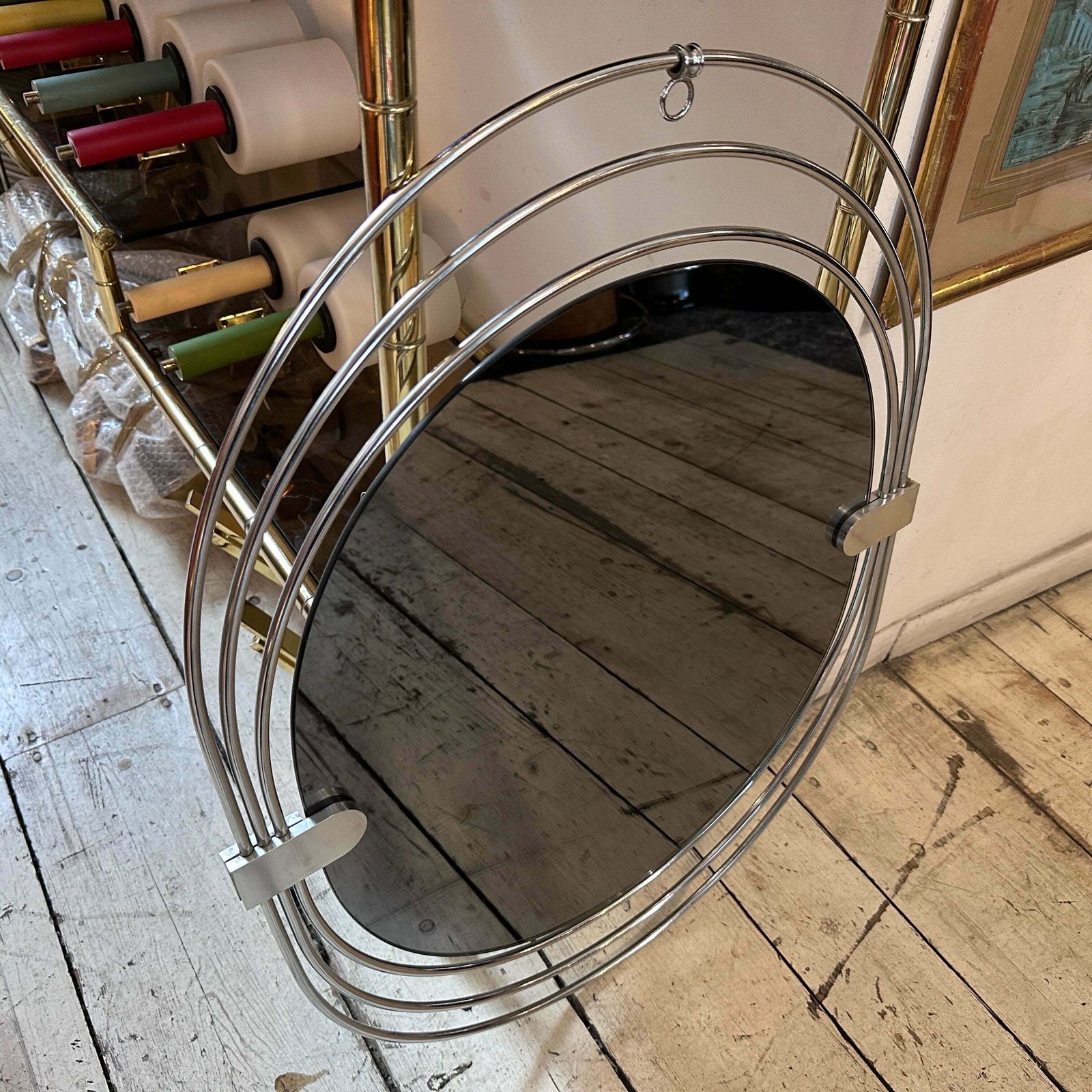 1970s Space Age Steel And Smoked Glass Oval Italian Wall Mirror photo for sale