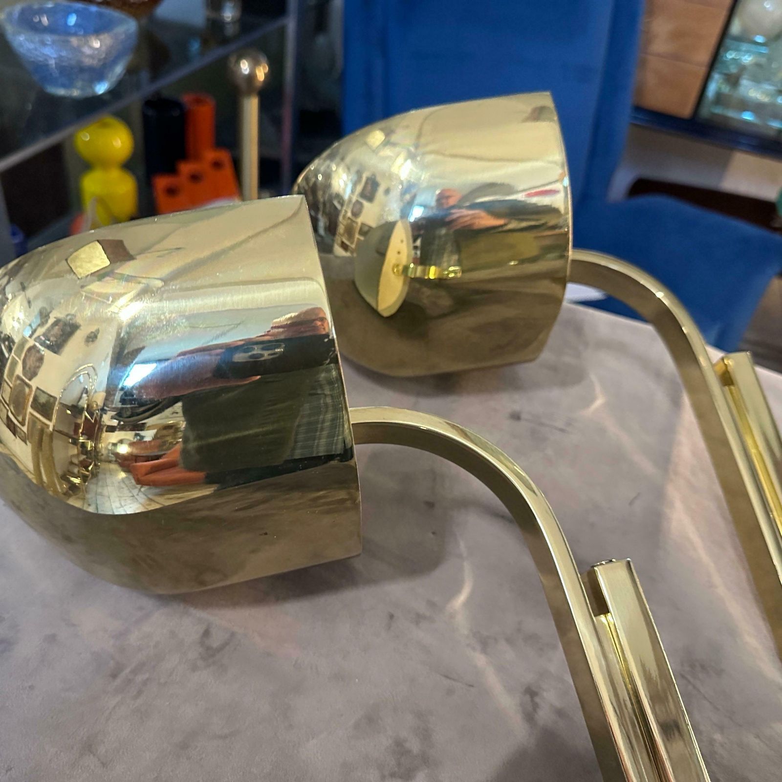 photo furniture Two 1980s Elegant Mid Century Modern Brass Italian Wall Sconces By Lumi Milano