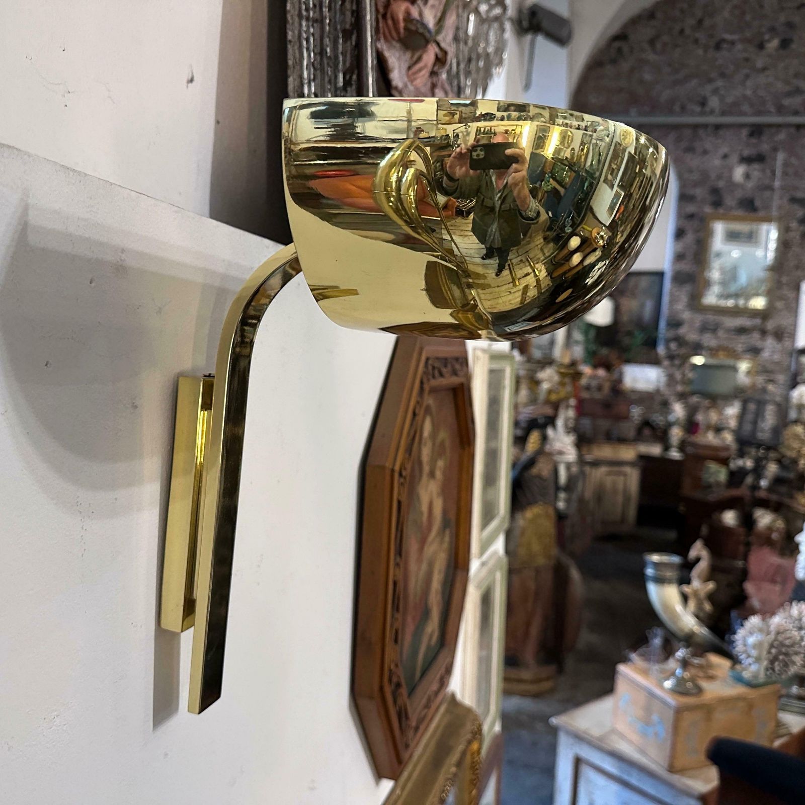 photo for sale Two 1980s Elegant Mid Century Modern Brass Italian Wall Sconces By Lumi Milano