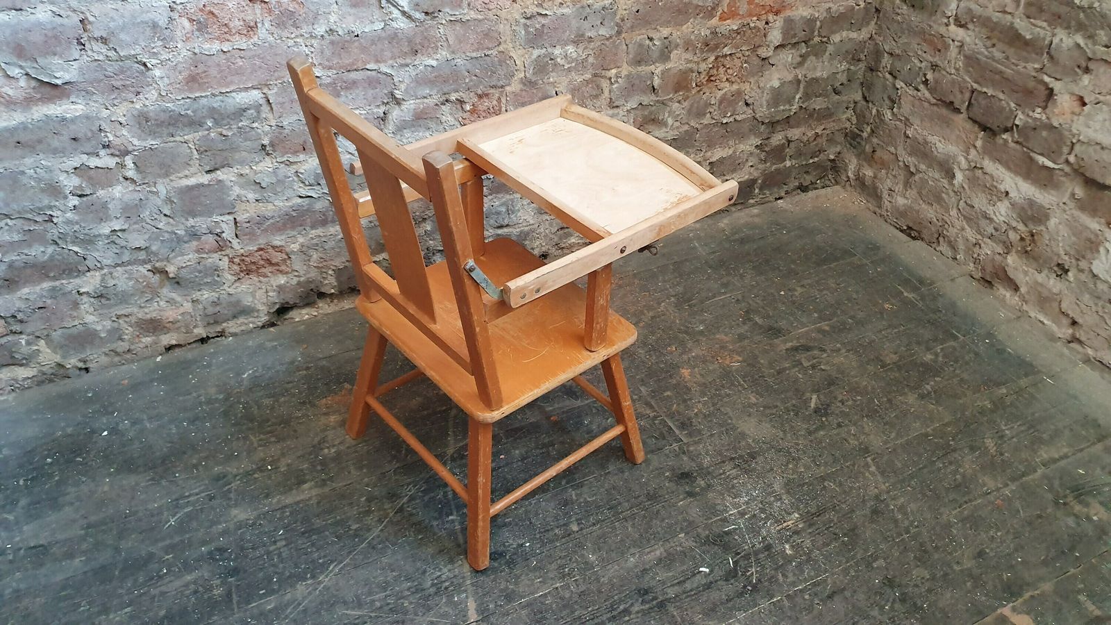 Vintage Retro Child’s Chair With Lift Over Eating Surface. Quirky Plant Stand. photo for sale