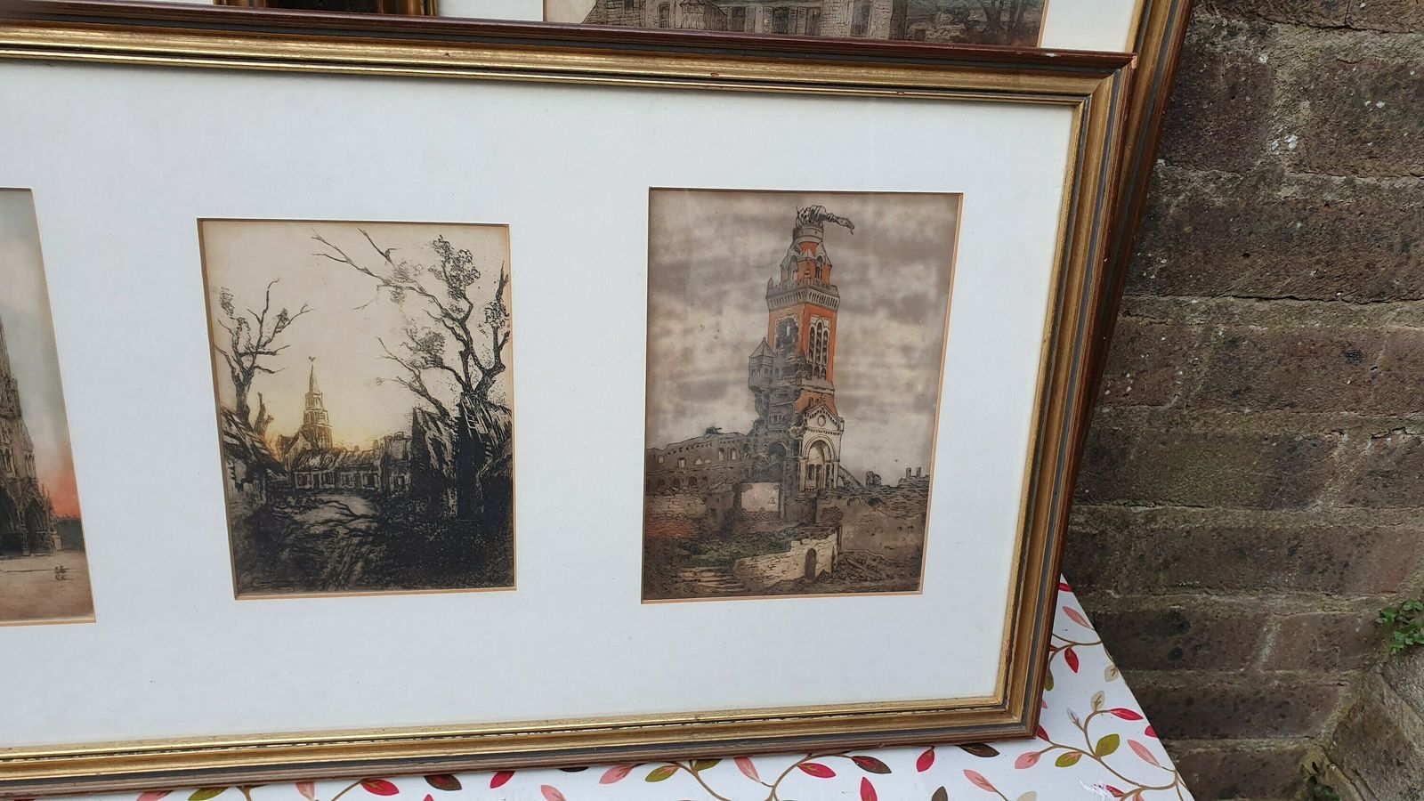 Vintage World War One Colour Art Prints Building Damage Winter France Europe Triple Mount Matching Frames photo buy