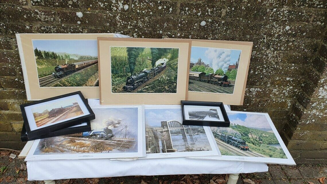 6 Large Vintage Team Railway Engine Prints And 3 Smaller Framed Jack Hill Chris