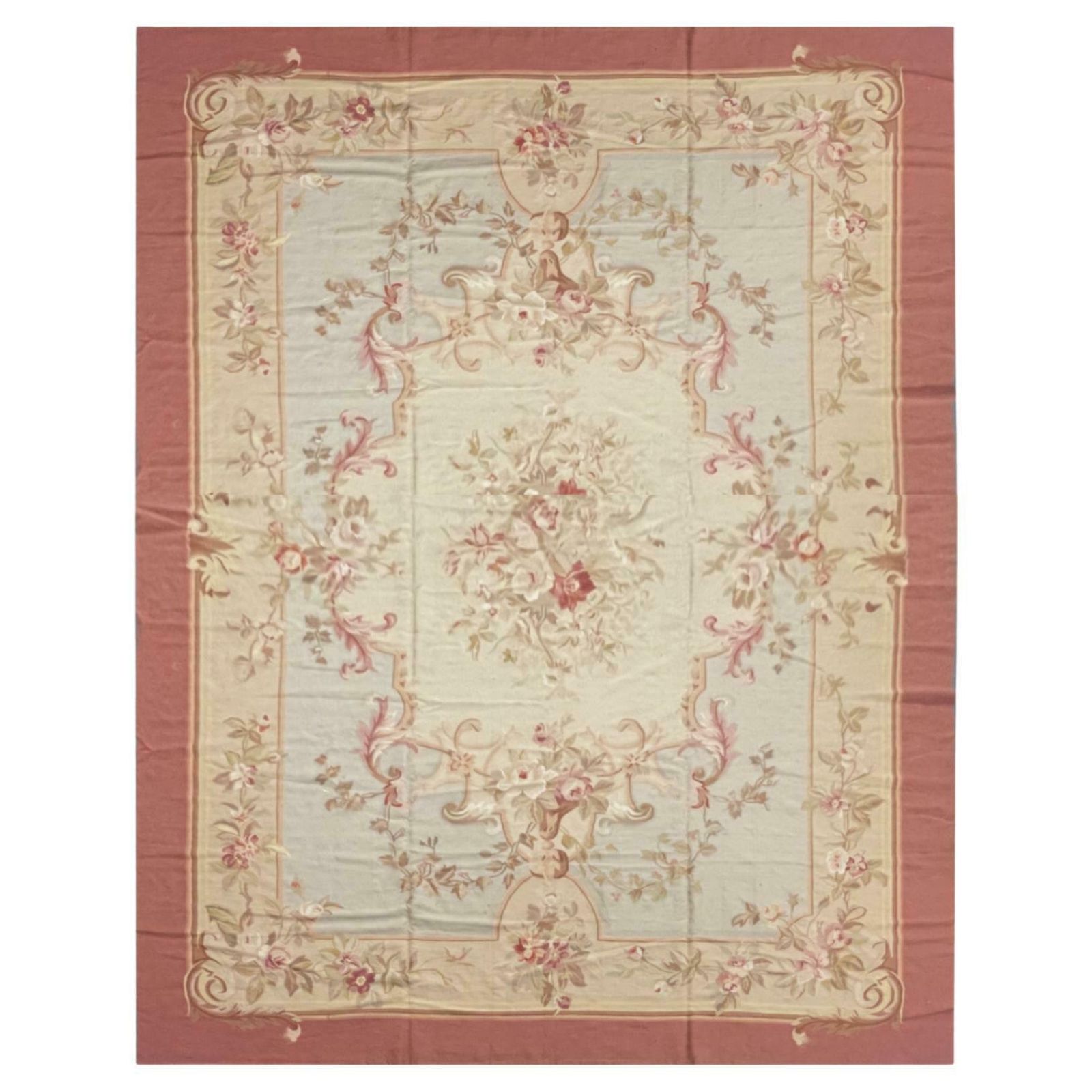 Handmade Carpet Blush Pink Blue Aubusson Rug, Extra Large Wool Tapestry Rug