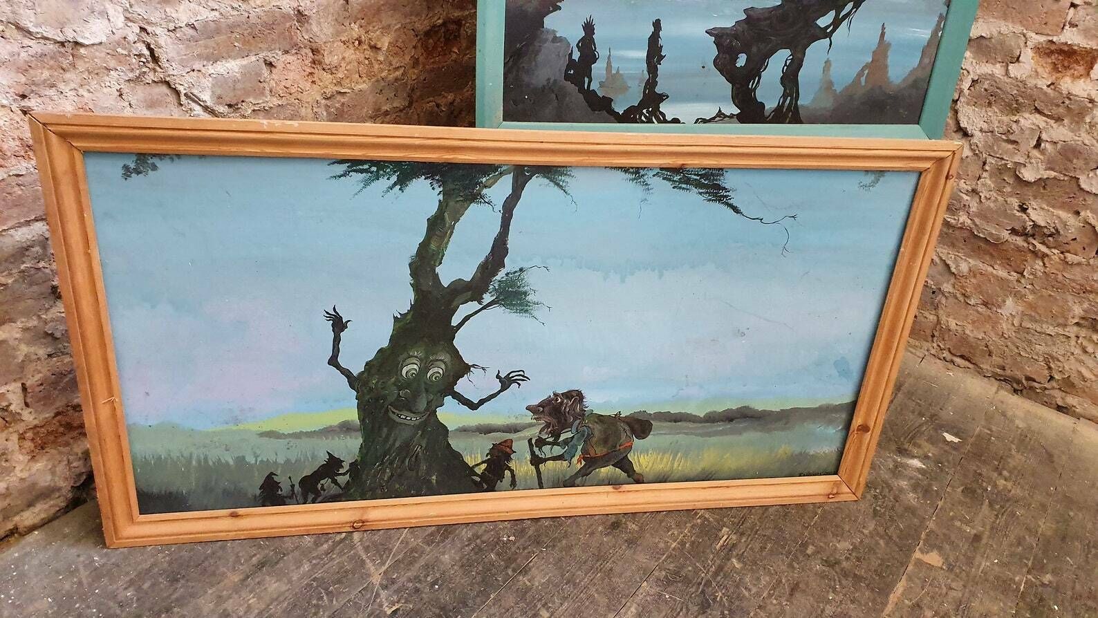 Three Huge 1980’s Vintage Original Acrylic Paintings Fantasy Gremlins Hobbit Dungeon And Dragons Pictures photo for sale