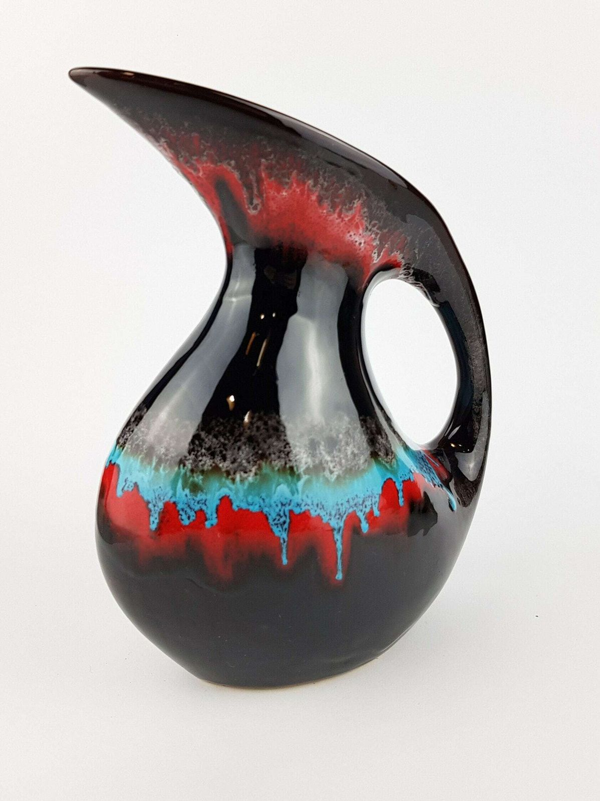 Vintage Vallauris Brown With Red And Blue Drip Glaze Jug Vase From France 1960s photo Home Decor