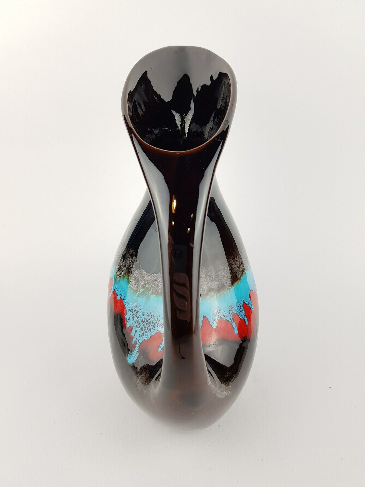 Vintage Vallauris Brown With Red And Blue Drip Glaze Jug Vase From France 1960s photo vinterior