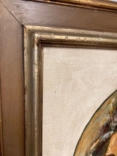 Oil Painting On Cardboard In A Lacquered Frame Woman's Face By P. Salatini From The 50s photo for sale