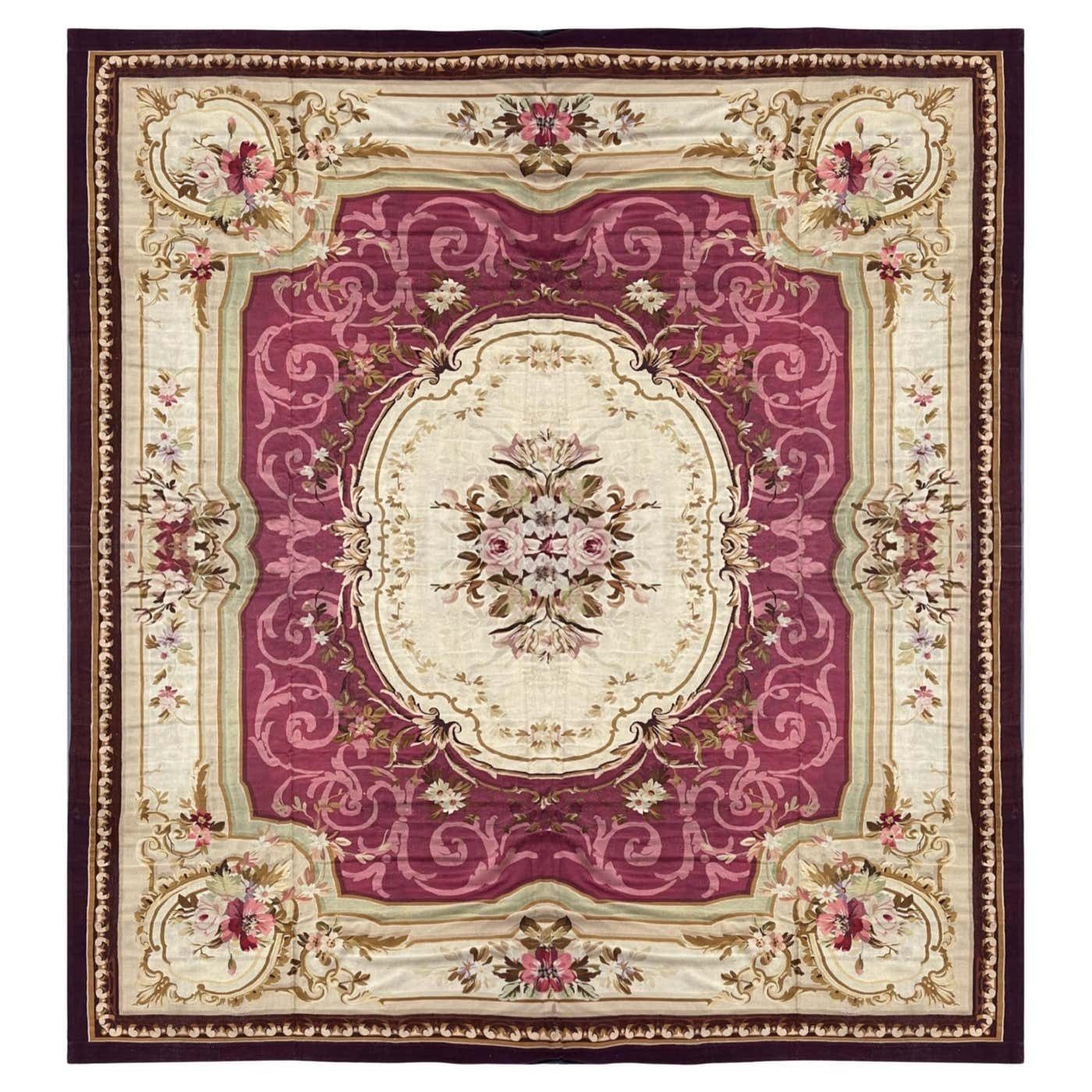 Antique Carpet Burgundy Beige Aubusson Rug, Extra Large Wool Tapestry Rug
