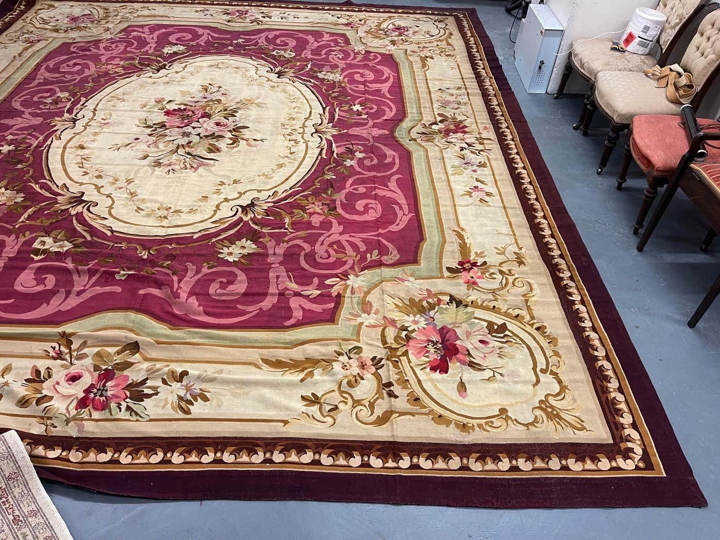 Antique Carpet Burgundy Beige Aubusson Rug, Extra Large Wool Tapestry Rug photo buy